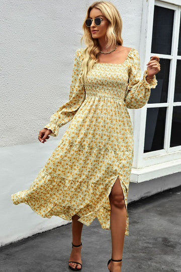 Floral Smocked Square Neck Slit Midi Dress  Dresses- Doll Fits
