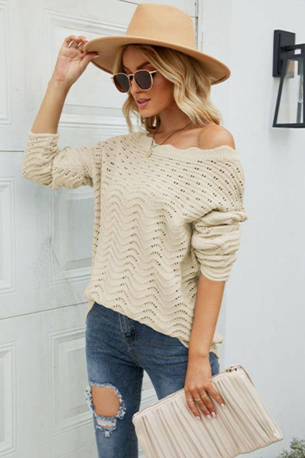 Scalloped Boat Neck Openwork Tunic Sweater  Shirts & Tops- Doll Fits