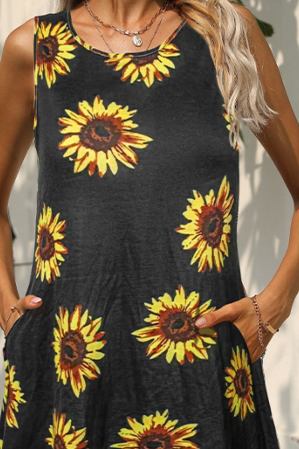 Printed Round Neck Sleeveless Dress with Pockets  Dresses- Doll Fits