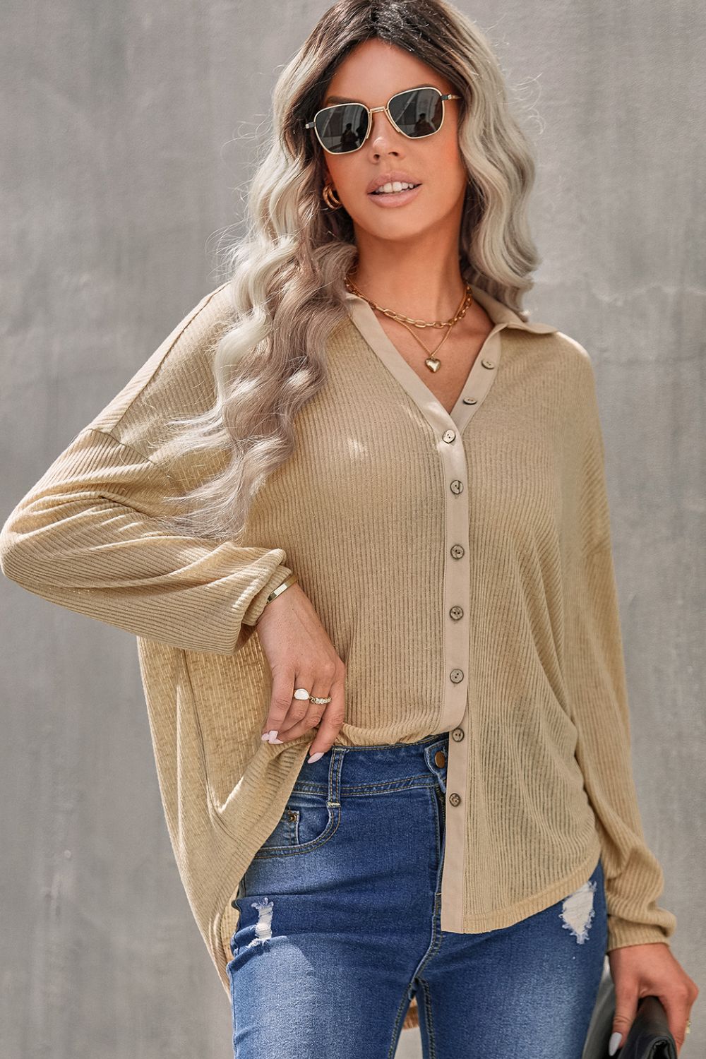Button Front Dropped Shoulder Knit Shirt  Shirts & Tops- Doll Fits