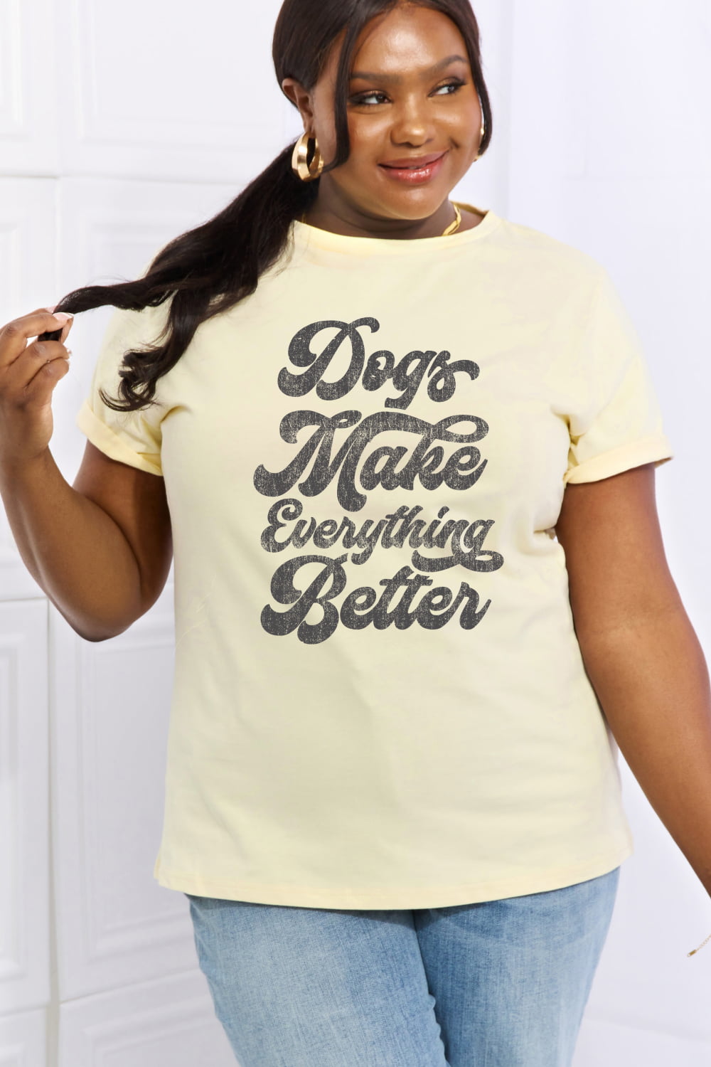 Simply Love Full Size DOGS MAKE EVERTHING BETTER Graphic Cotton Tee  - Doll Fits