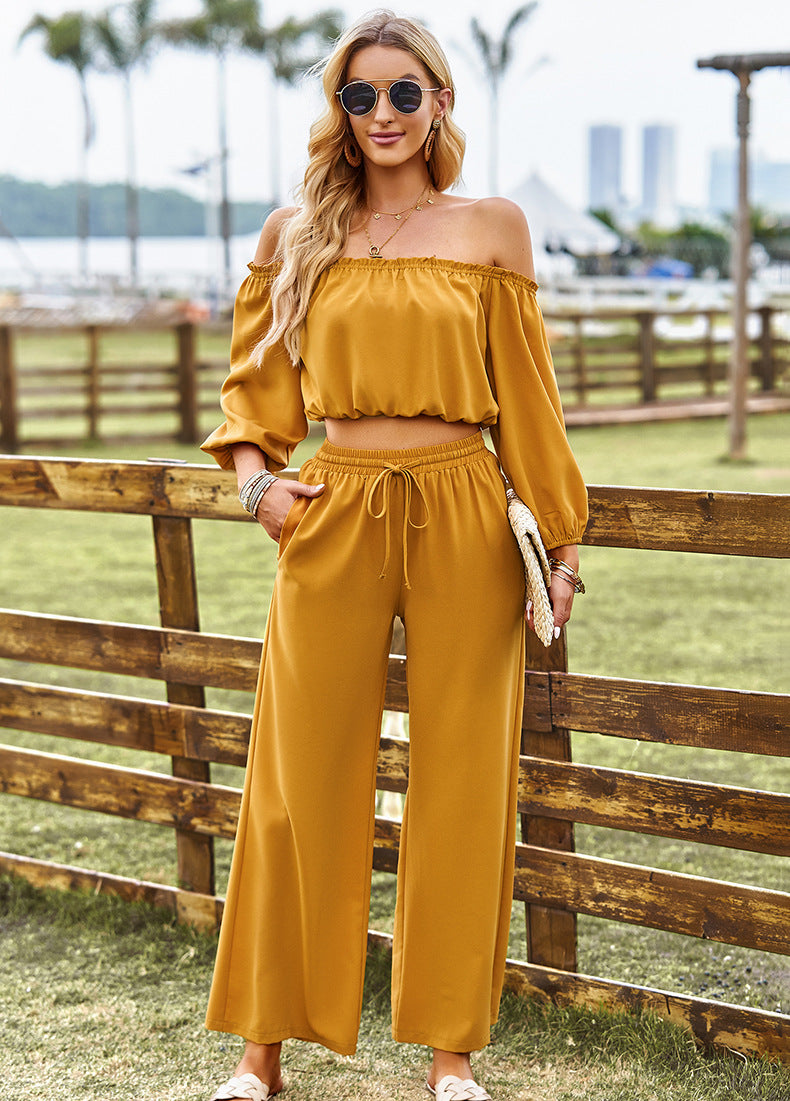 Off-Shoulder Blouse and Drawstring Waist Pants Set  Outfit Sets- Doll Fits