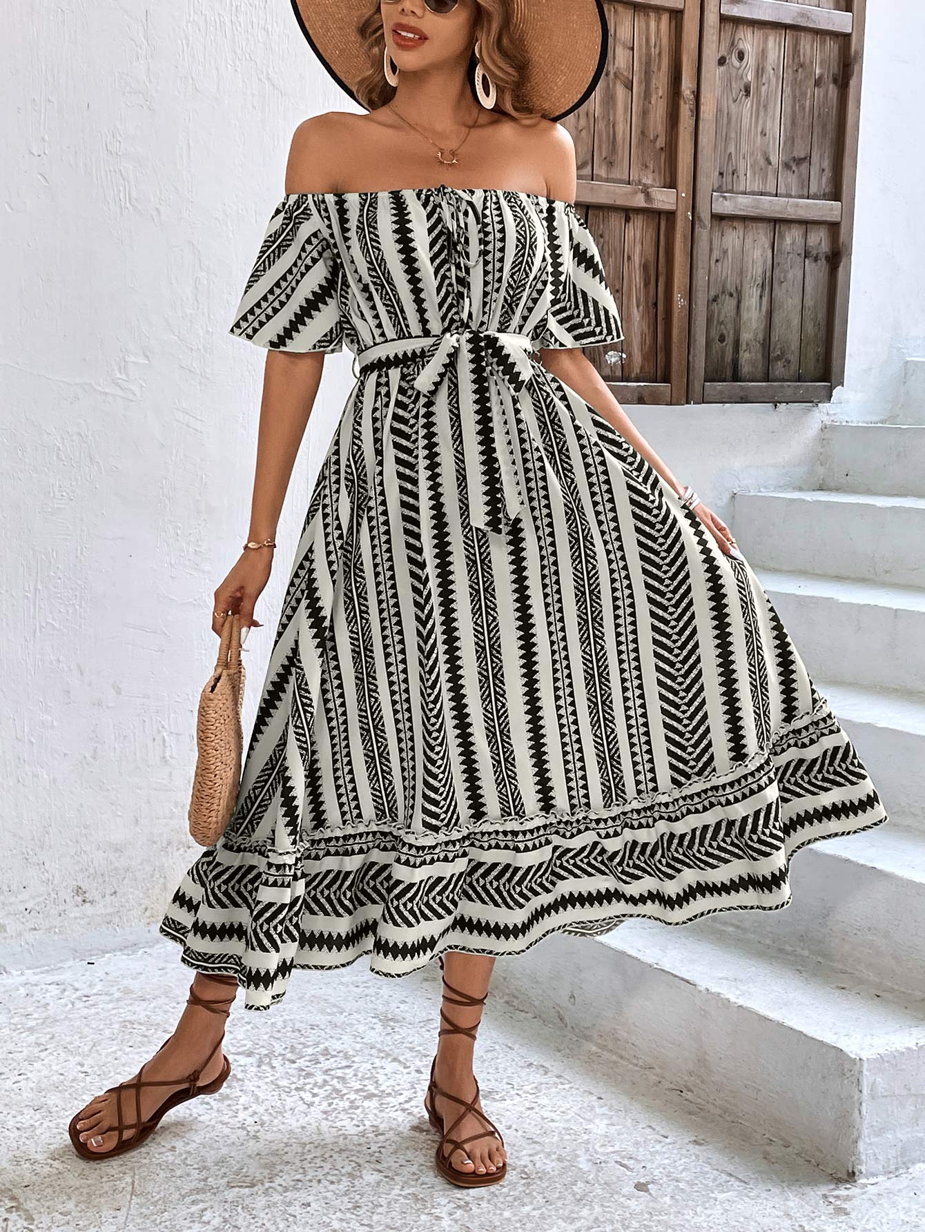 Printed Off-Shoulder Tie Belt Midi Dress  Dresses- Doll Fits