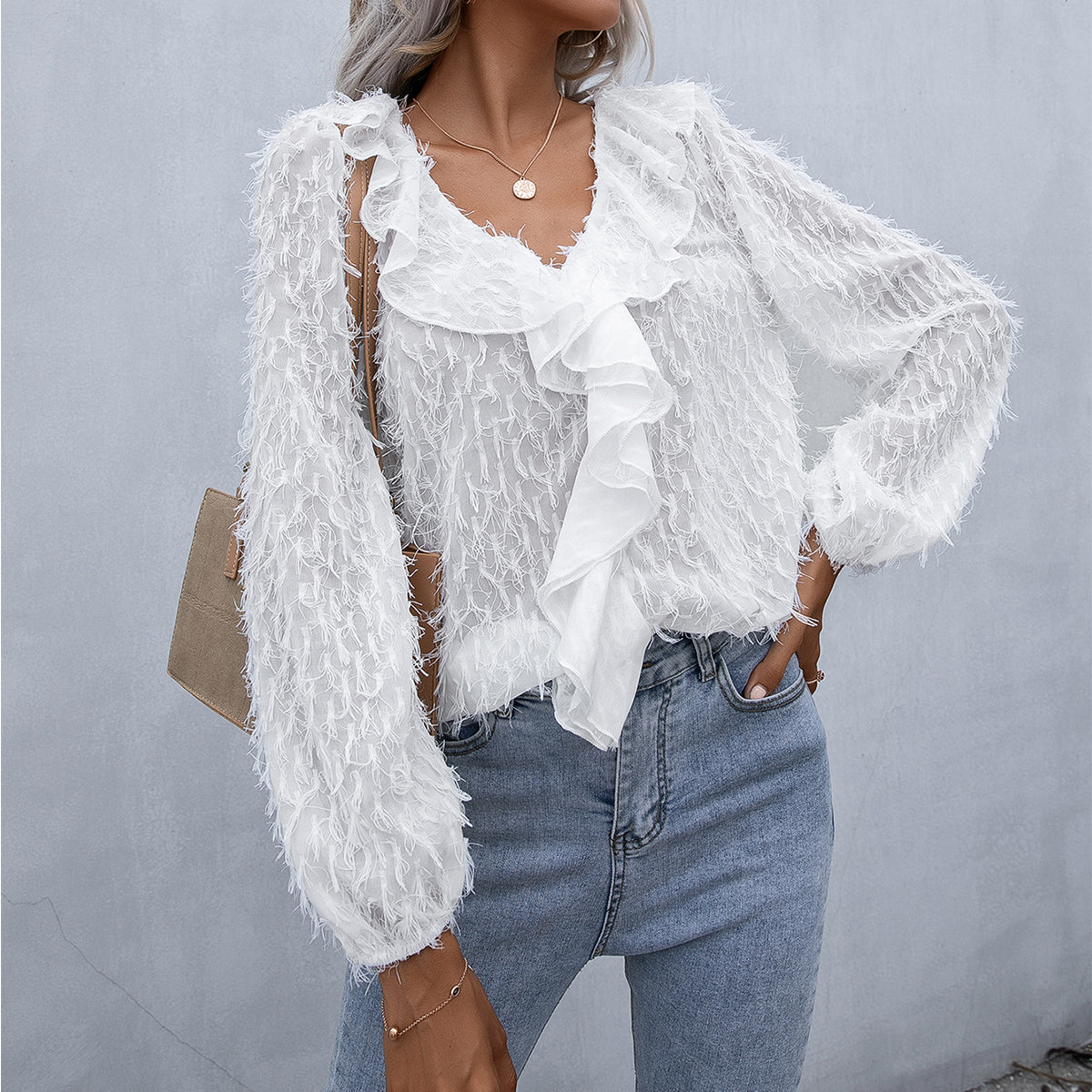 Double Take Ruffle Hem Fringe V-Neck Balloon Sleeve Blouse  - Doll Fits