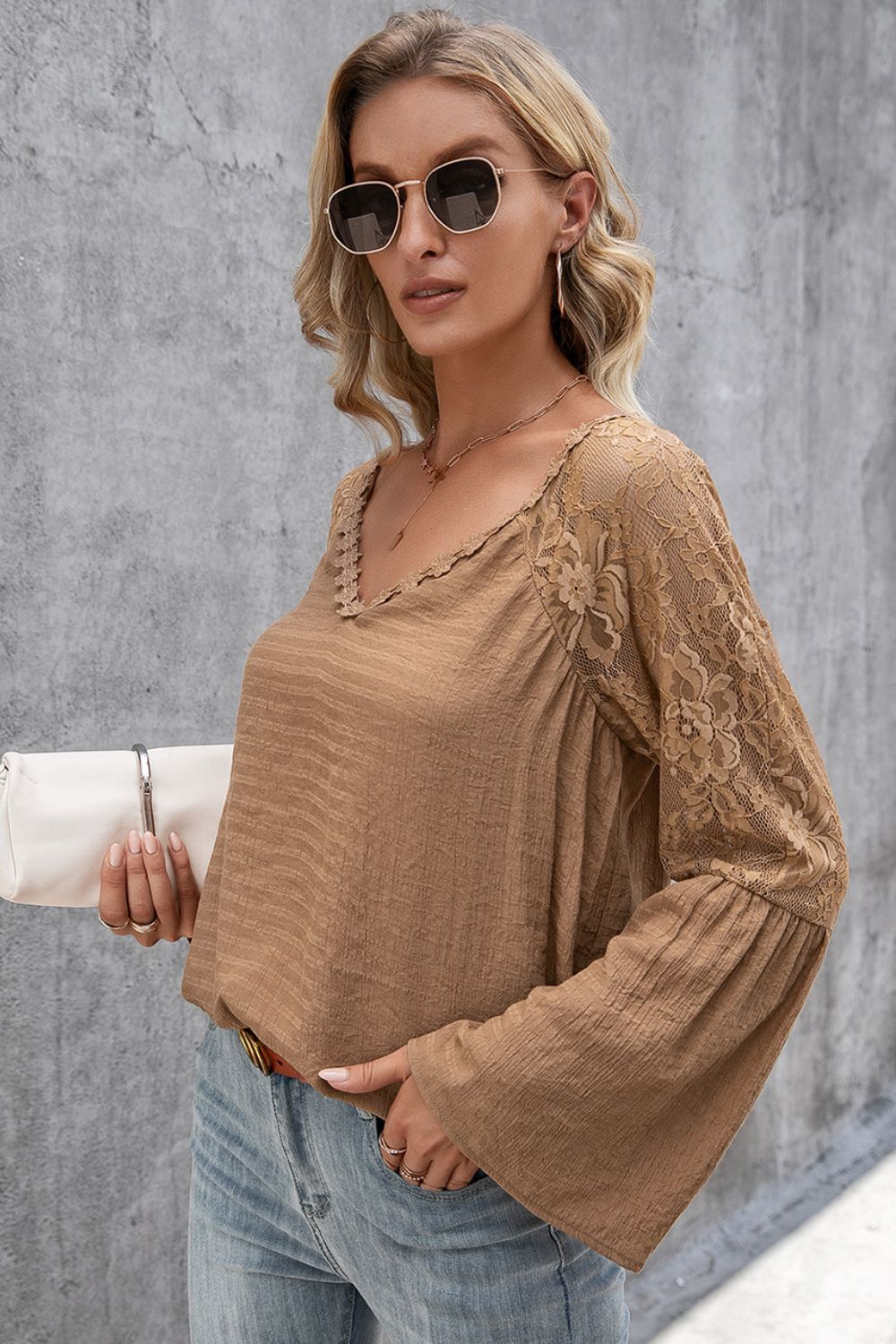 V-Neck Spliced Lace Flare Sleeve Top  Shirts & Tops- Doll Fits
