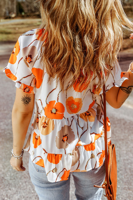 Printed Flounce Sleeve Tie-Neck Peplum Blouse  Shirts & Tops- Doll Fits