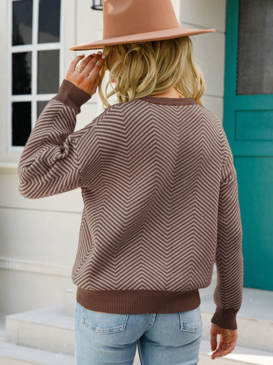 Chevron Ribbed Trim Dropped Shoulder Knit Pullover  Shirts & Tops- Doll Fits