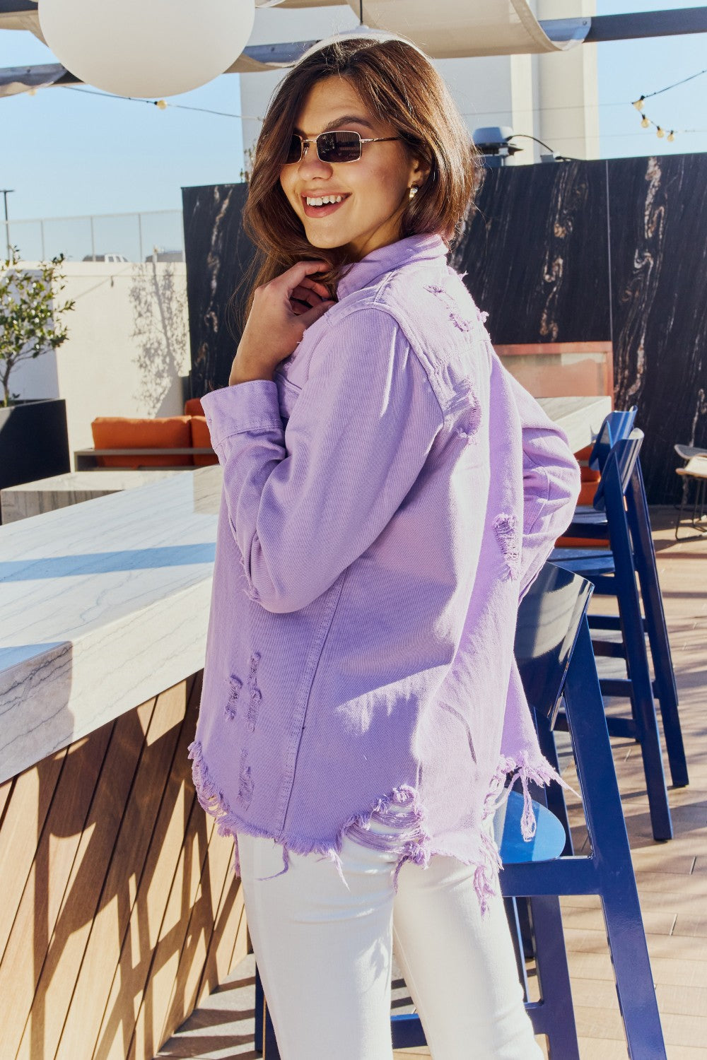 American Bazi Full Size Distressed Button Down Denim Jacket in Lavender  Coats & Jackets- Doll Fits