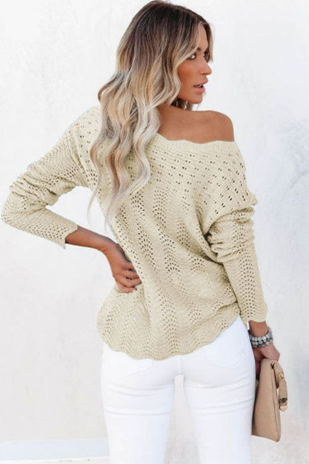 Scalloped Boat Neck Openwork Tunic Sweater  Shirts & Tops- Doll Fits