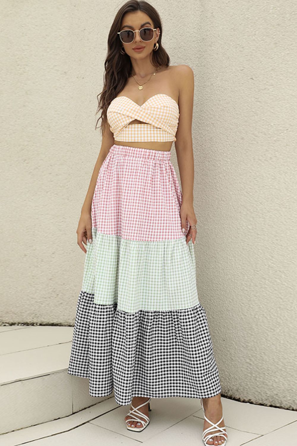 Plaid Strapless Top and Tiered Skirt Set  Outfit Sets- Doll Fits