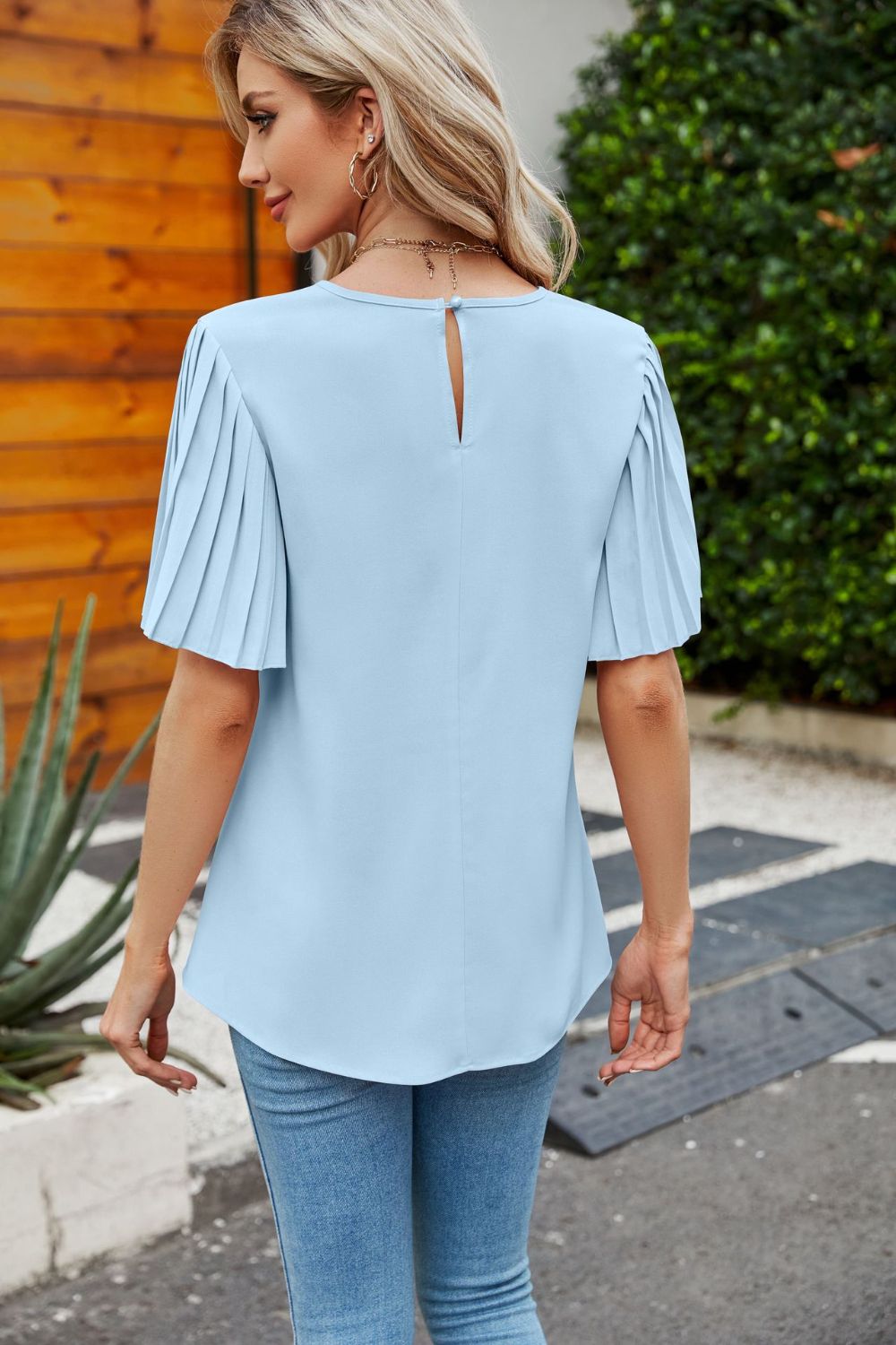 Pleated Flutter Sleeve Round Neck Blouse  Shirts & Tops- Doll Fits