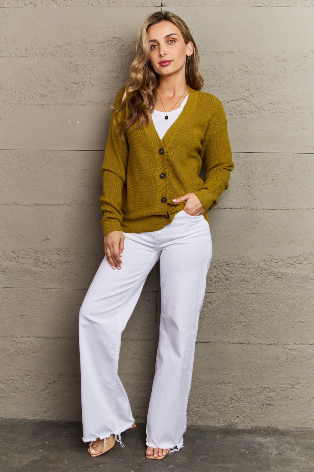 Zenana Kiss Me Tonight Full Size Button Down Cardigan in Chartreuse  - Doll Fits