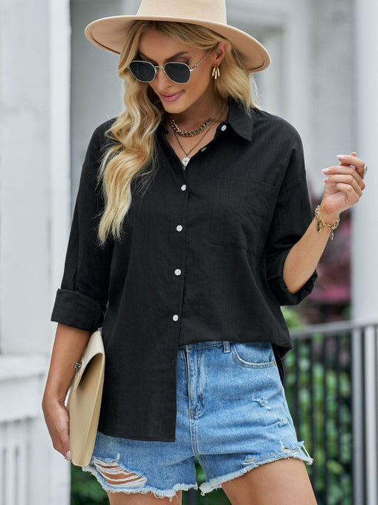 Textured Side Slit Long Sleeve Shirt  Shirts & Tops- Doll Fits