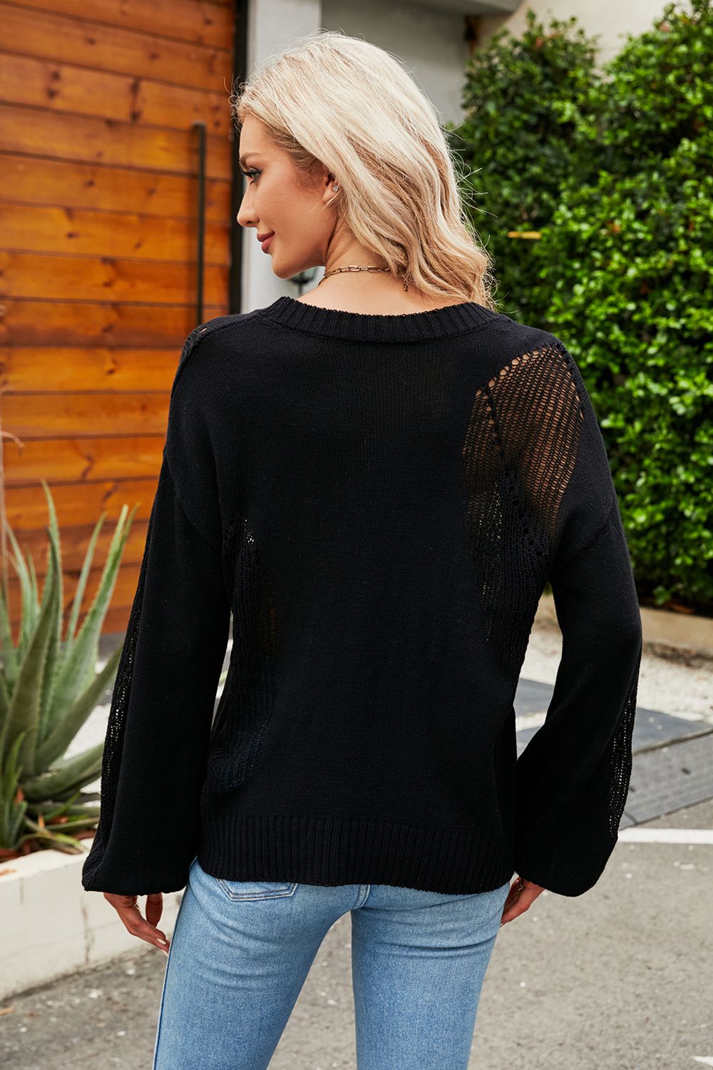Openwork Round Neck Dropped Shoulder Knit Top  - Doll Fits