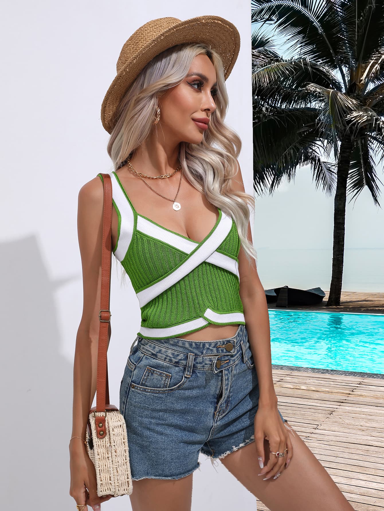 Contrast Crisscross Knit Tank  - Doll Fits
