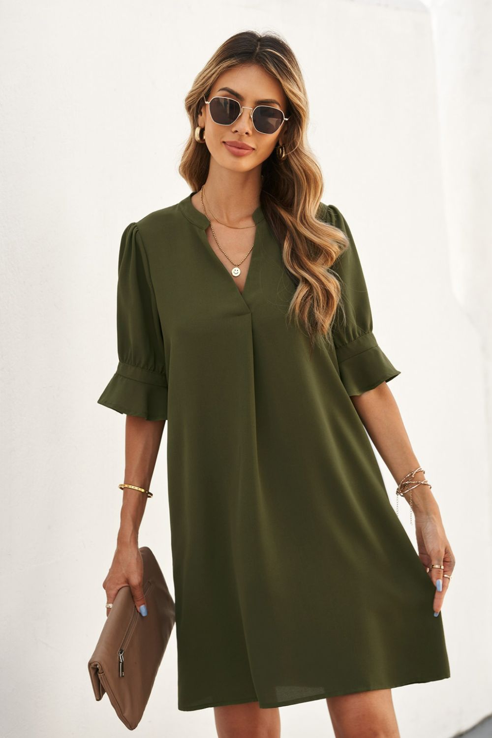 Puff Sleeve Notched Mini Shift Dress  Dresses- Doll Fits