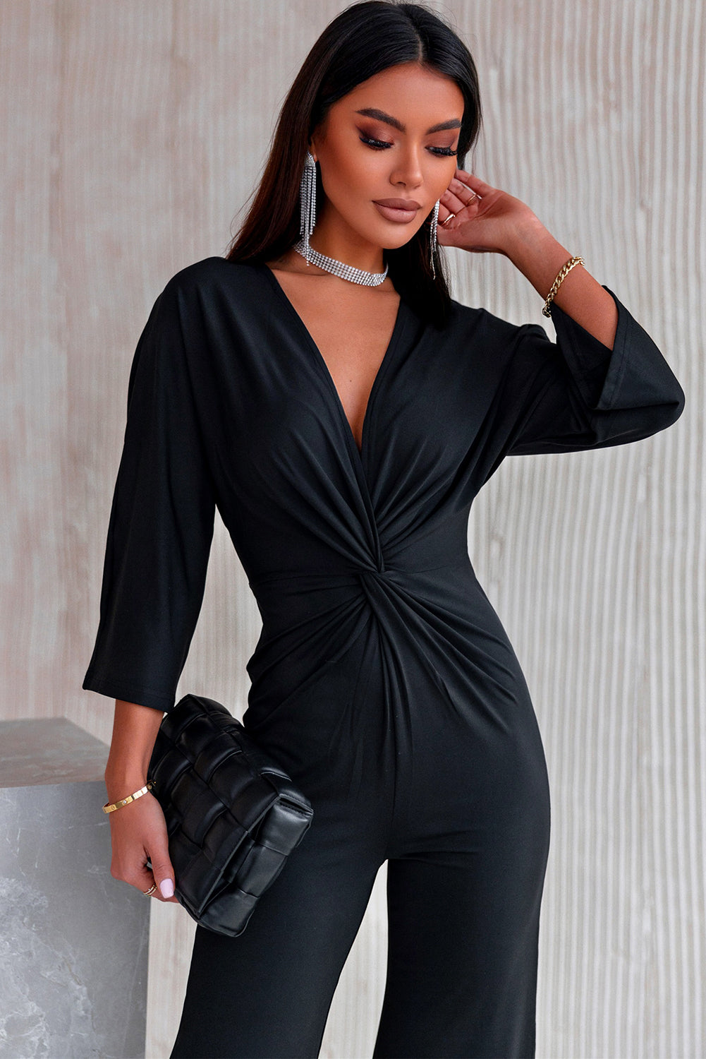 Twisted Plunge Three-Quarter Sleeve Jumpsuit  Jumpsuits & Rompers- Doll Fits