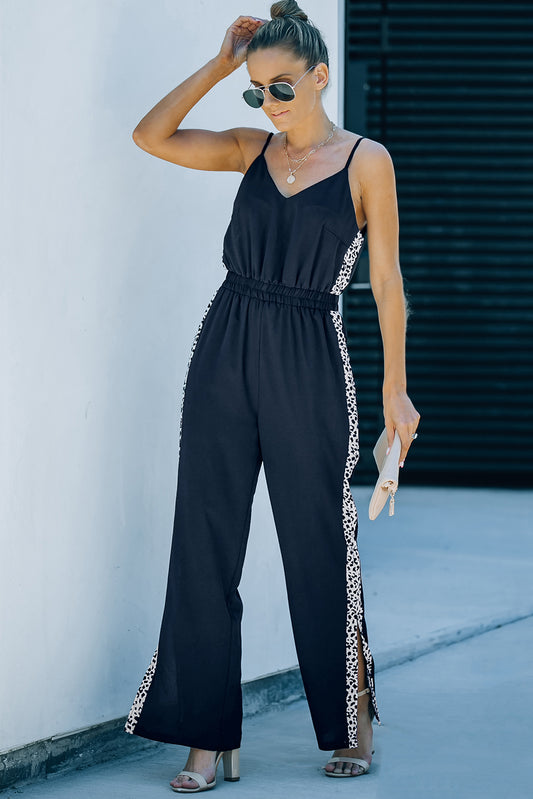 Leopard Contrast Spaghetti Strap Wide Leg Jumpsuit  Jumpsuits & Rompers- Doll Fits