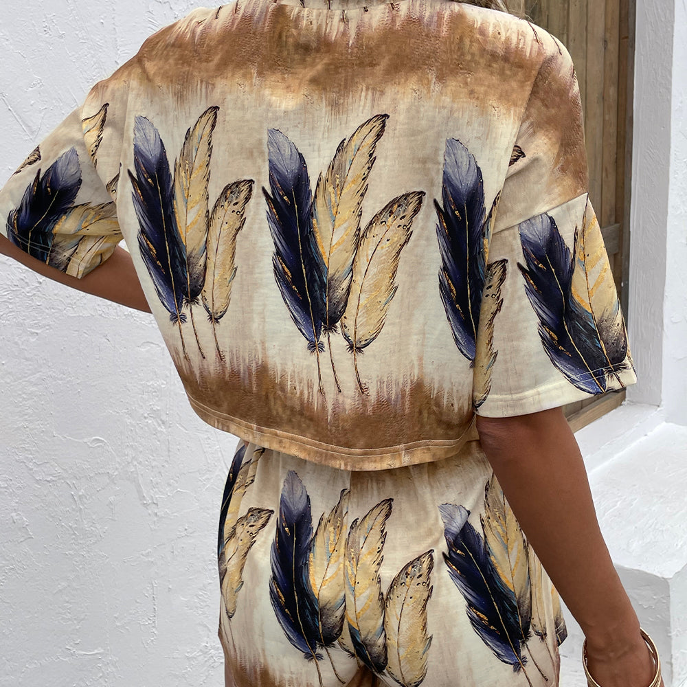 Feather Print Half Sleeve Top and Shorts Set  Outfit Sets- Doll Fits