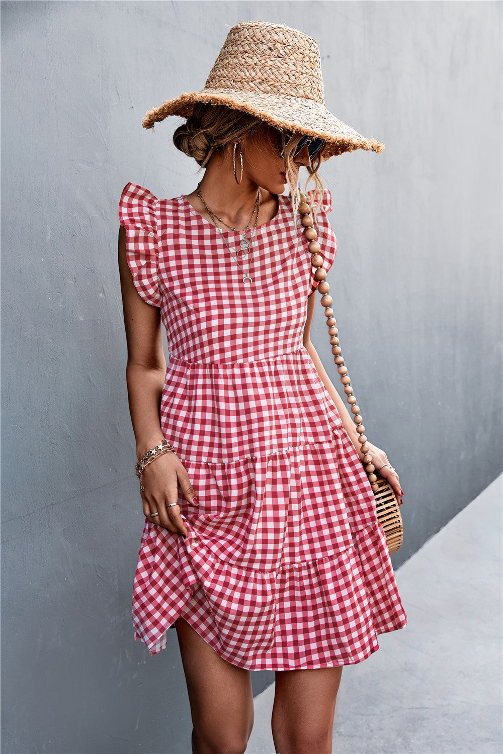 Gingham Ruffle Shoulder Tiered Dress  Dresses- Doll Fits