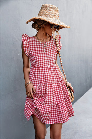Gingham Ruffle Shoulder Tiered Dress  Dresses- Doll Fits