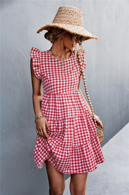 Gingham Ruffle Shoulder Tiered Dress  Dresses- Doll Fits