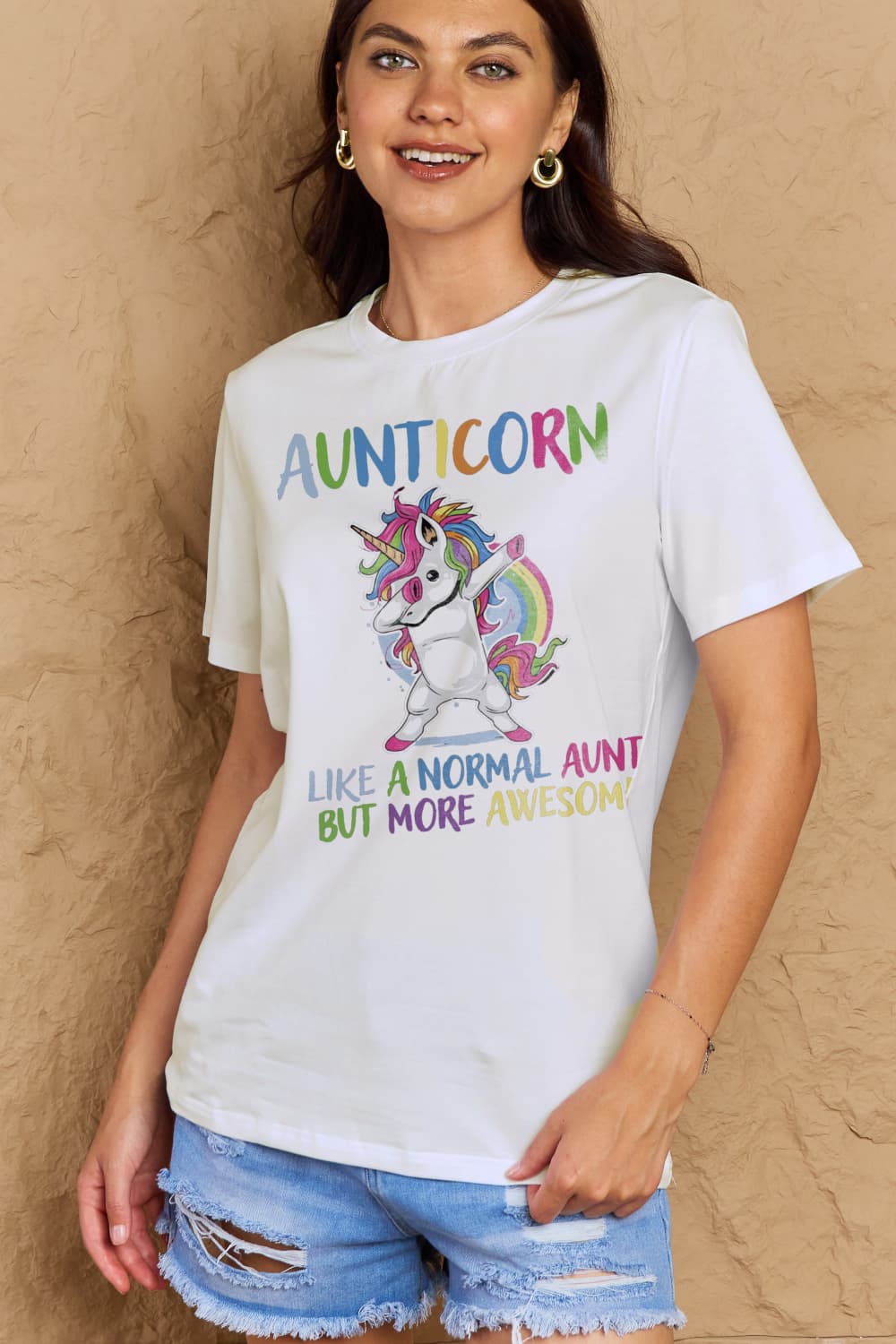 Simply Love Full Size AUNTICORN LIKE A NORMAL AUNT BUT MORE AWESOME Graphic Cotton Tee  - Doll Fits