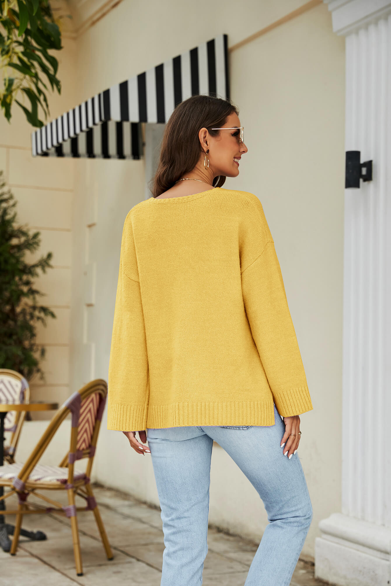 Drop Shoulder V-Neck Knit Pullover  Shirts & Tops- Doll Fits