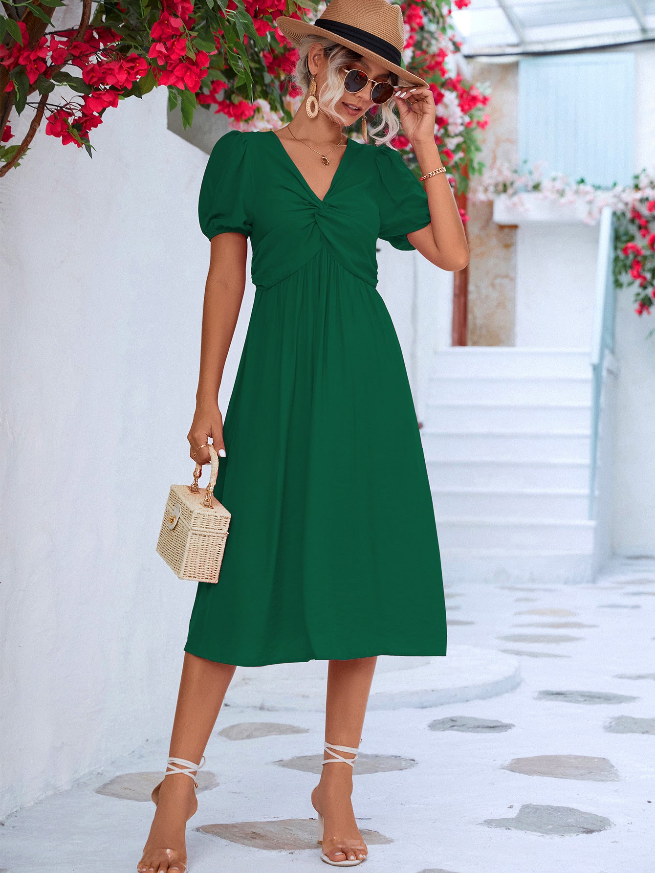 Twisted Short Puff Sleeve V-Neck Dress  Dresses- Doll Fits