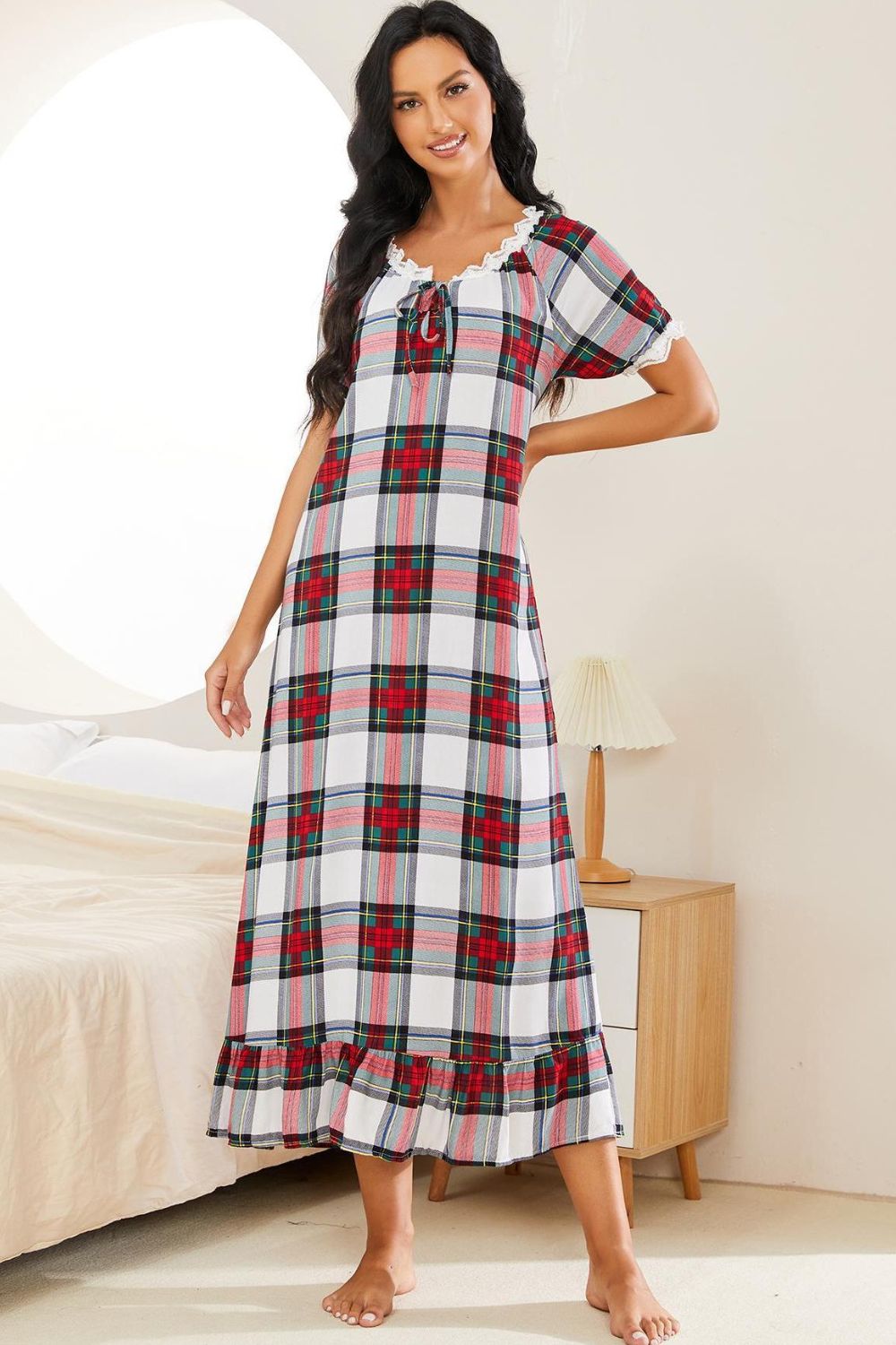 Plaid Lace Trim Ruffle Hem Night Dress  Dresses- Doll Fits
