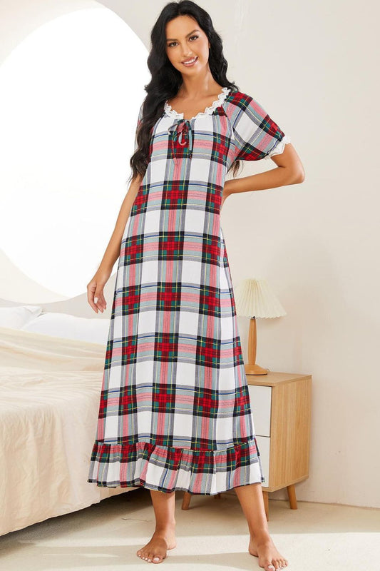 Plaid Lace Trim Ruffle Hem Night Dress  Dresses- Doll Fits
