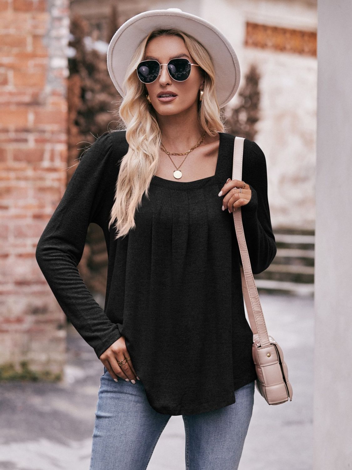 Pleated Detail Curved Hem Long Sleeve Top  Shirts & Tops- Doll Fits