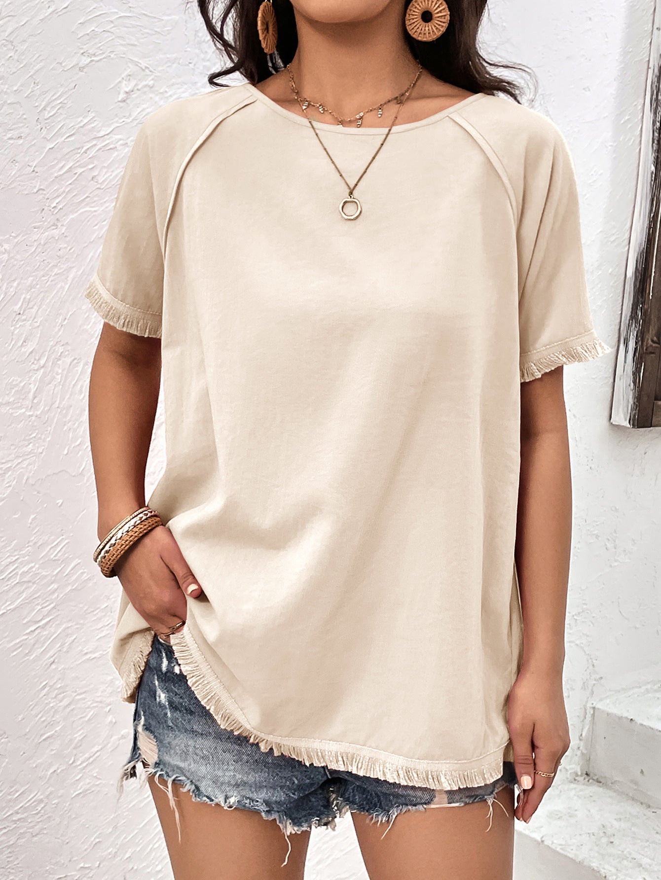 Round Neck Raglan Sleeve Fringe Detail Top  Shirts & Tops- Doll Fits