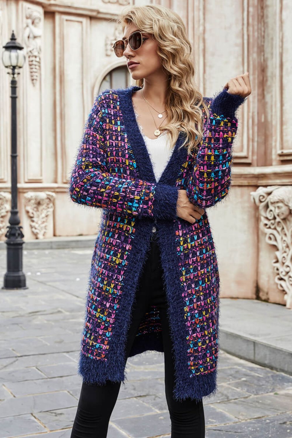 Multicolored Ribbed Trim Open Front Cardigan with Pockets  Coats & Jackets- Doll Fits