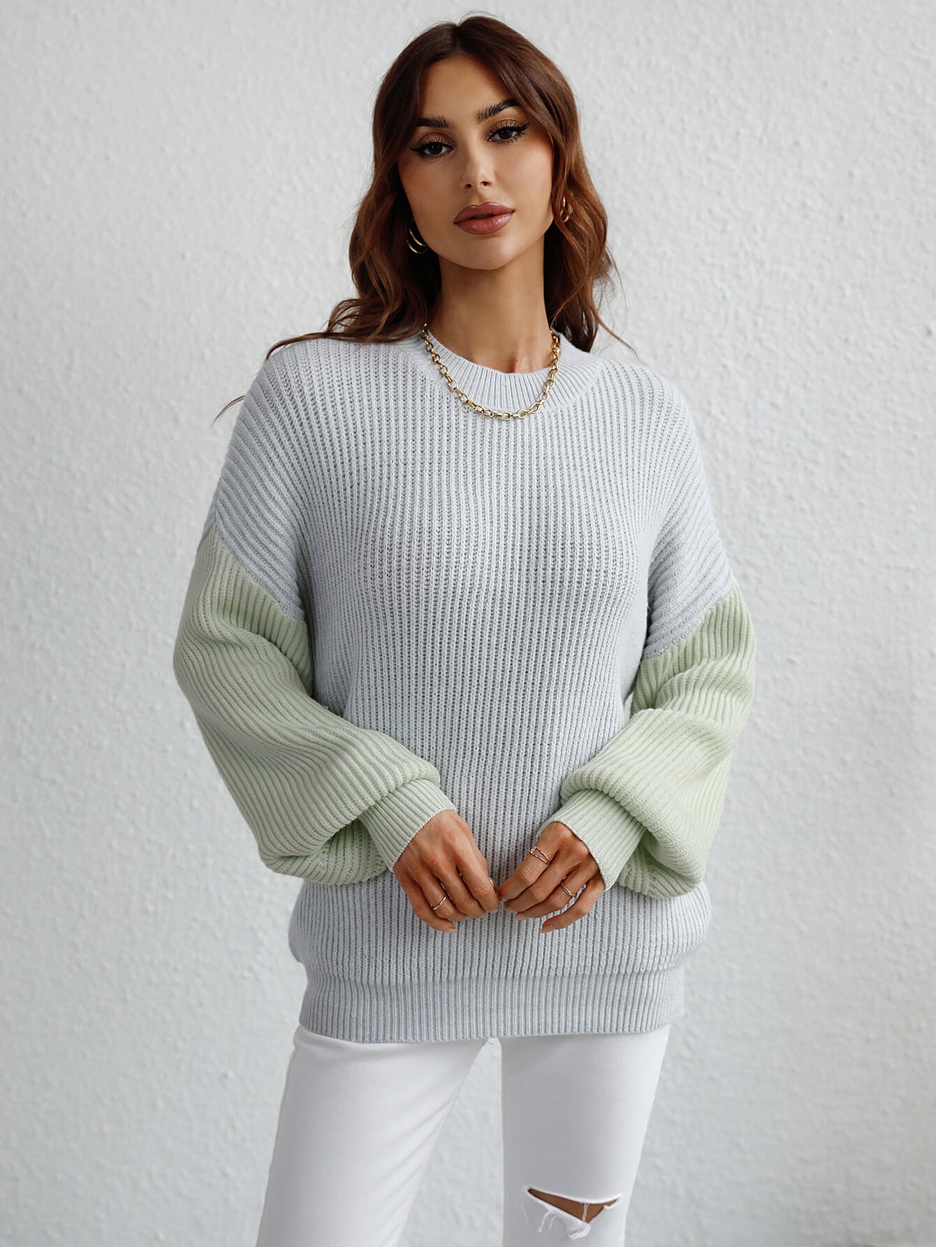 Two-Tone Rib-Knit Dropped Shoulder Sweater  Shirts & Tops- Doll Fits