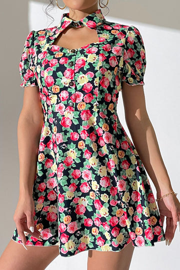 Floral Buttoned Cutout Puff Sleeve Dress  Dresses- Doll Fits