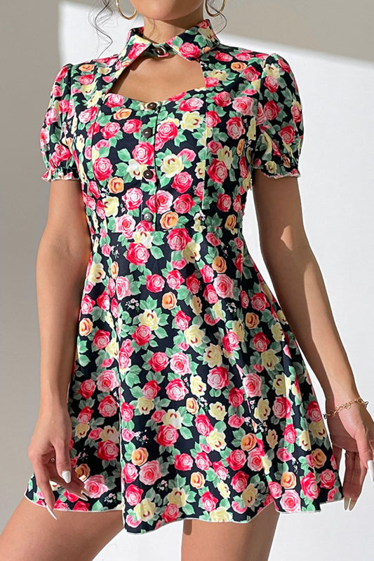 Floral Buttoned Cutout Puff Sleeve Dress  Dresses- Doll Fits