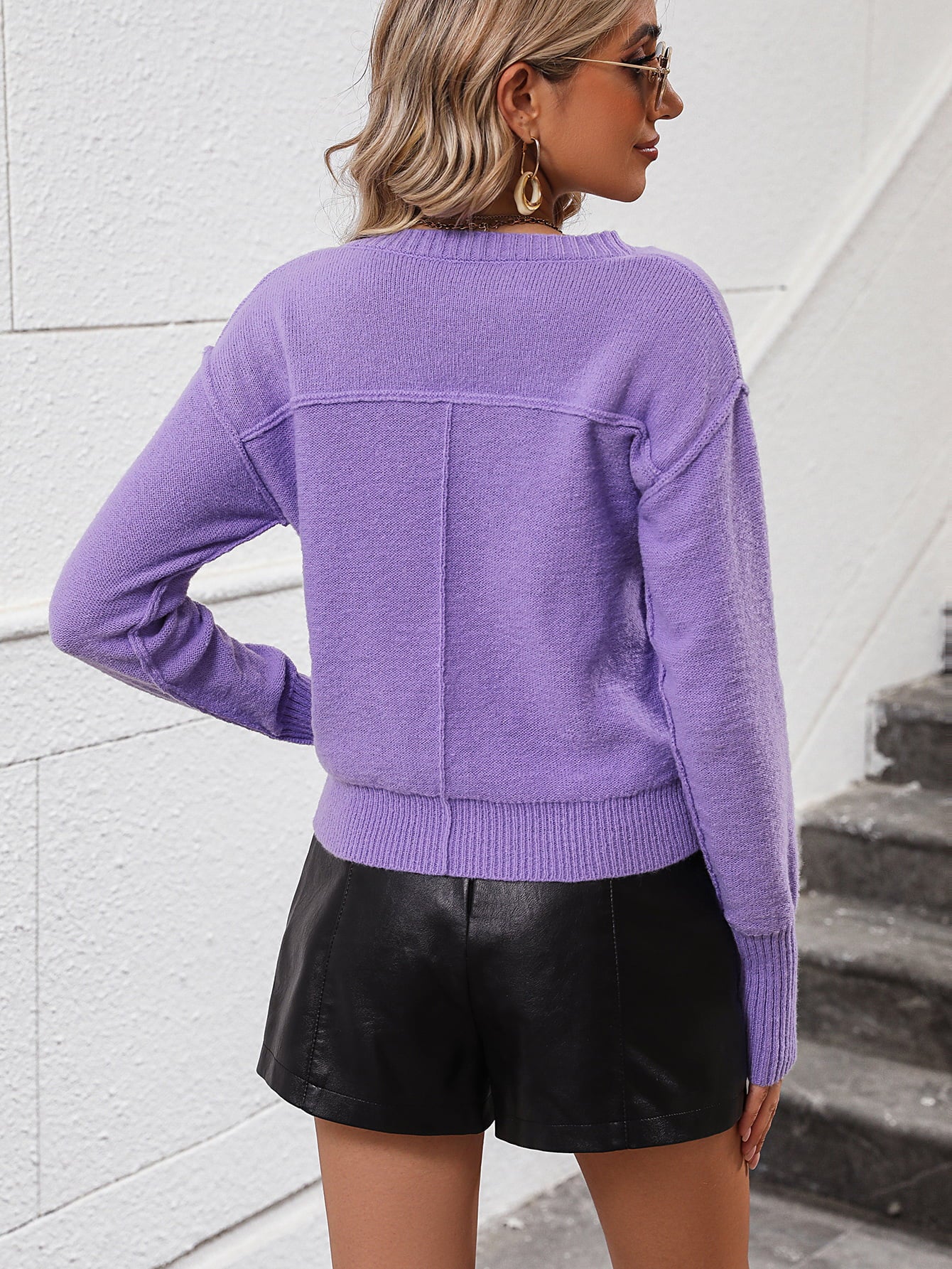 V-Neck Dropped Shoulder Long Sleeve Knit Top  - Doll Fits