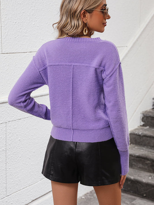V-Neck Dropped Shoulder Long Sleeve Knit Top  - Doll Fits