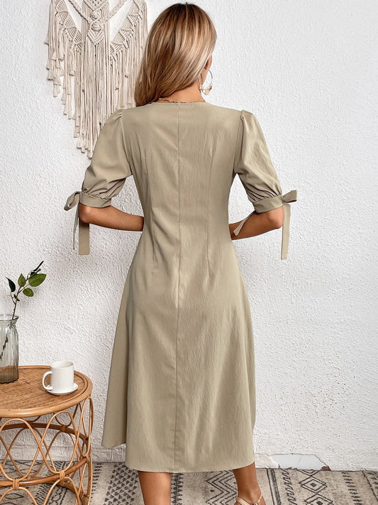 Tie Cuff Deep V Button Down Dress  Dresses- Doll Fits