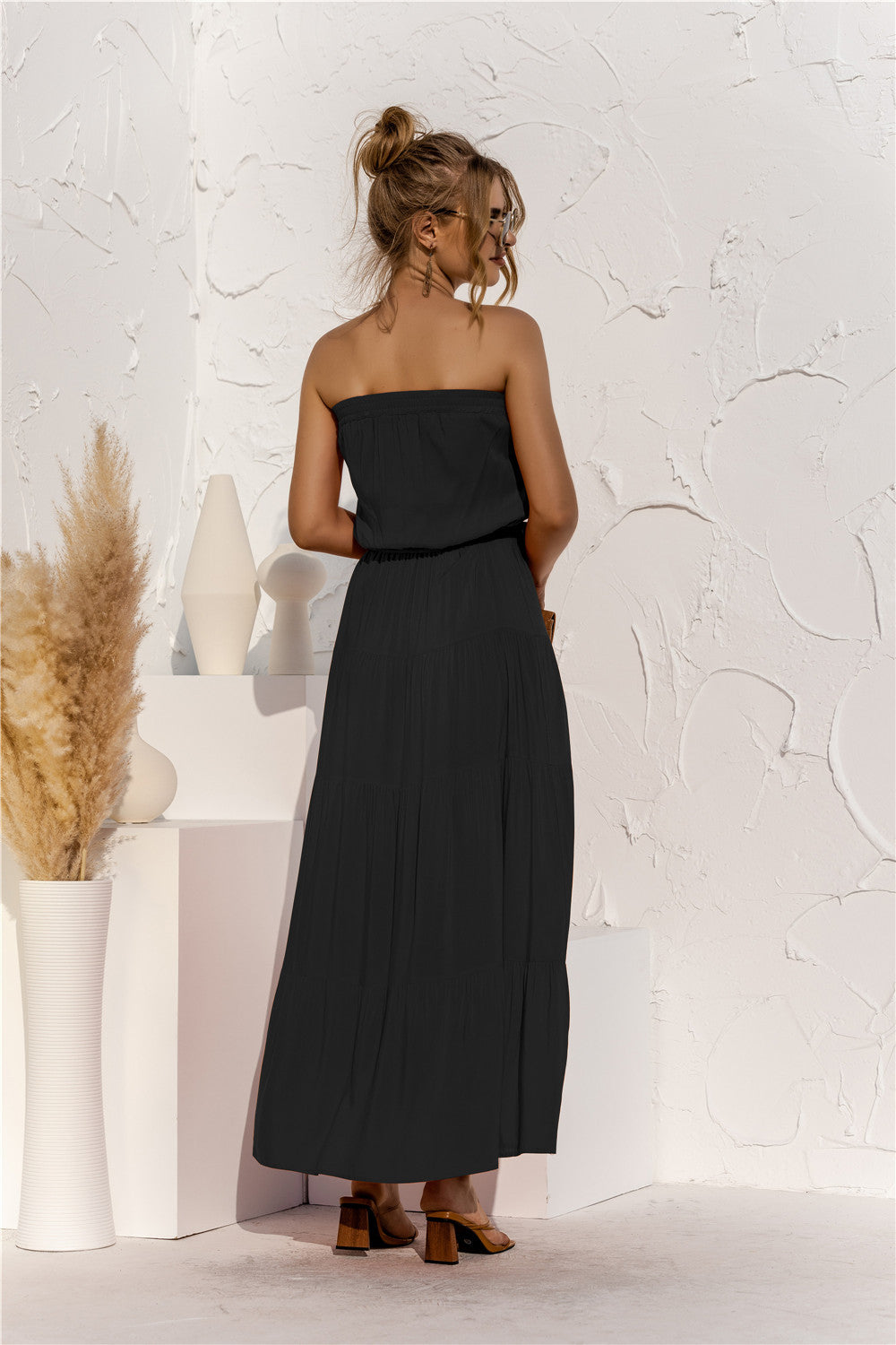 Strapless Tie Waist Tiered Maxi Dress  Dresses- Doll Fits