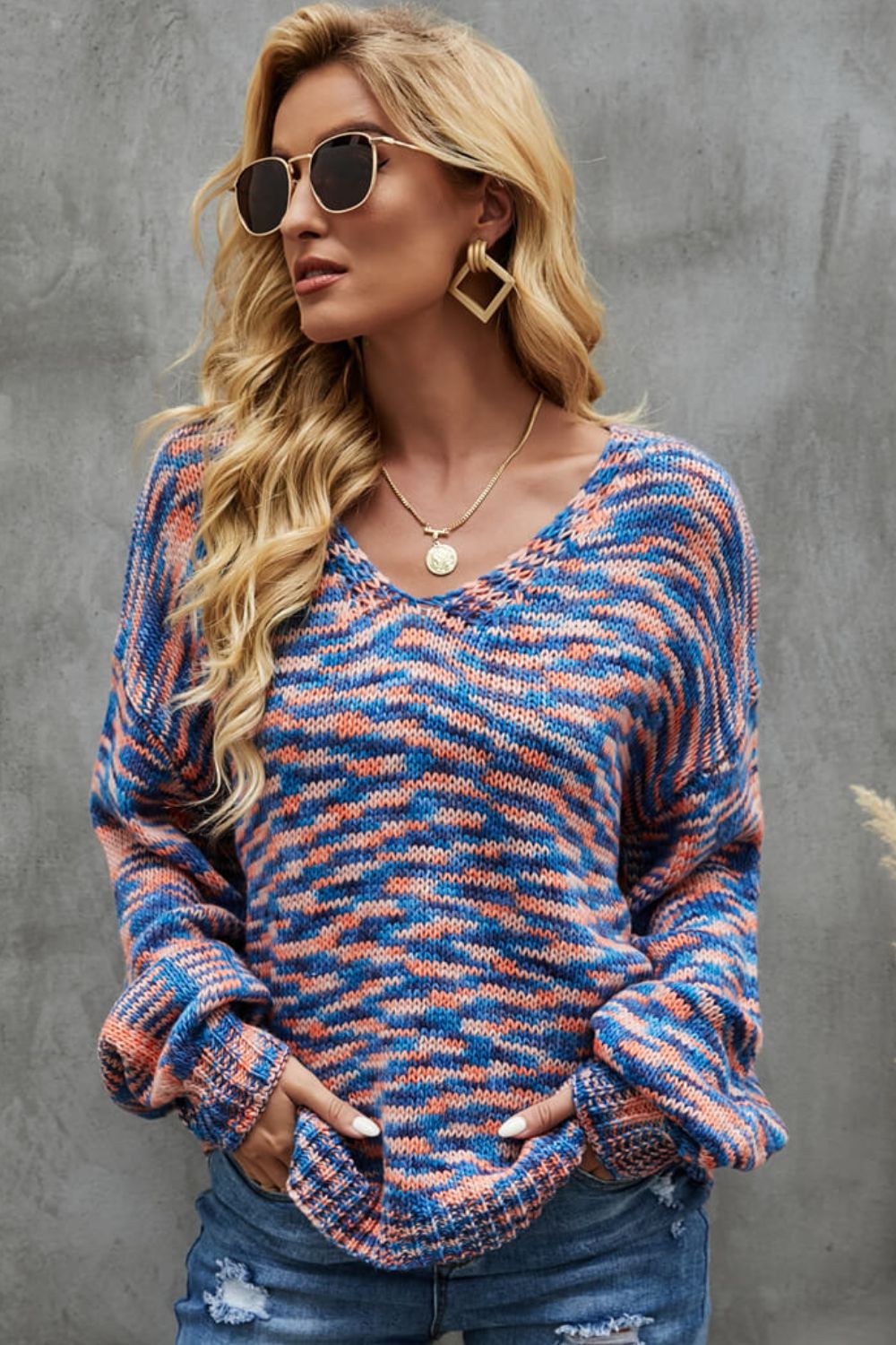 Multicolored Balloon Sleeve V-Neck Sweater  Shirts & Tops- Doll Fits