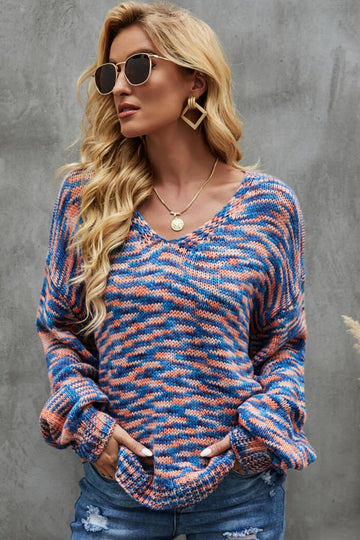Multicolored Balloon Sleeve V-Neck Sweater  Shirts & Tops- Doll Fits