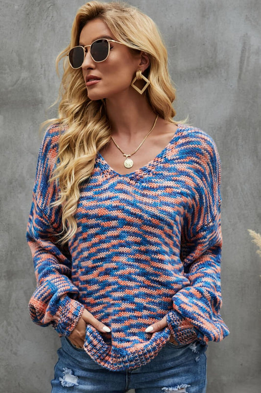 Multicolored Balloon Sleeve V-Neck Sweater  Shirts & Tops- Doll Fits
