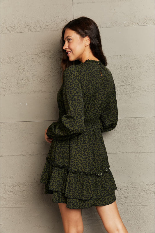 Leopard Smock Waist Long Sleeve Dress  Dresses- Doll Fits