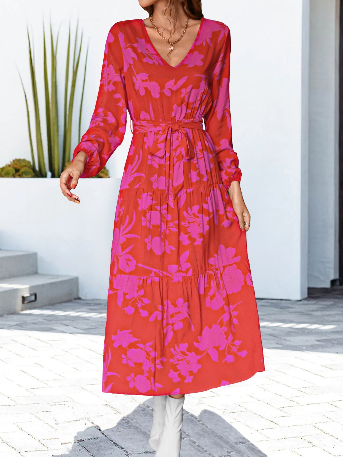 Floral V-Neck Long Sleeve Dress  Dresses- Doll Fits
