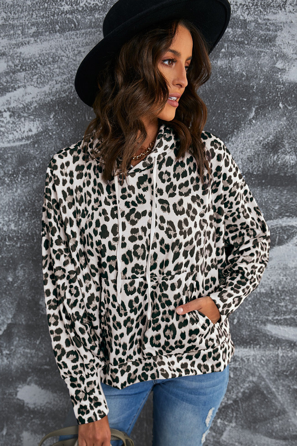 Leopard Print Drawstring Hoodie with Kangaroo Pocket  Shirts & Tops- Doll Fits