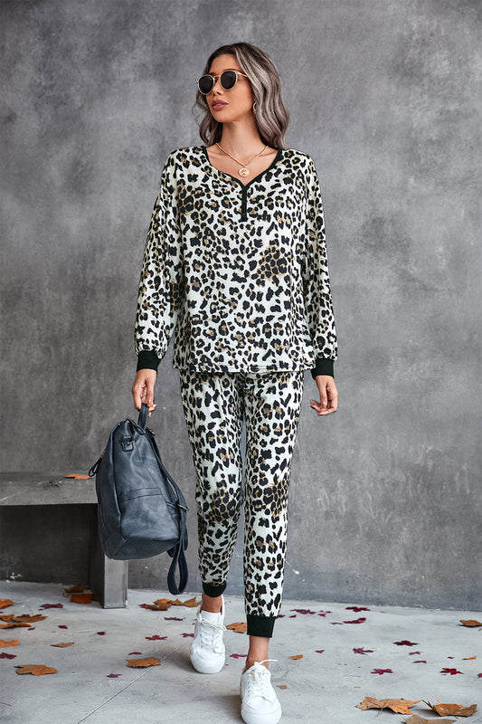 Leopard V-Neck Dropped Shoulder Loungewear Set  - Doll Fits