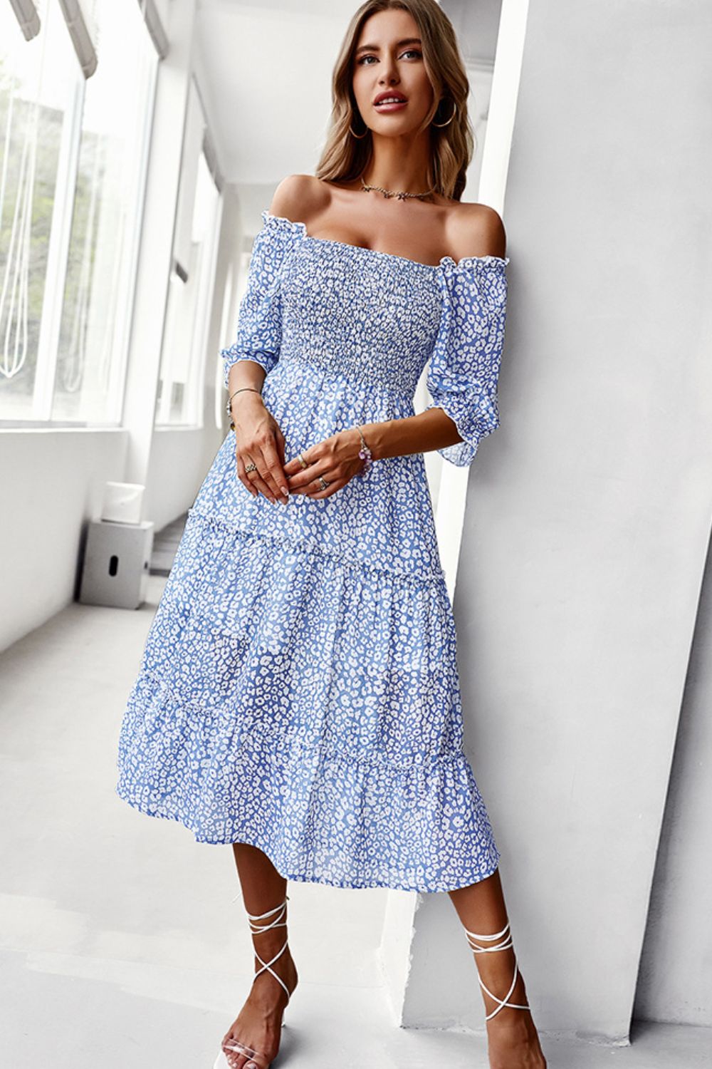Ditsy Floral Off-Shoulder Smocked Midi Dress  Dresses- Doll Fits