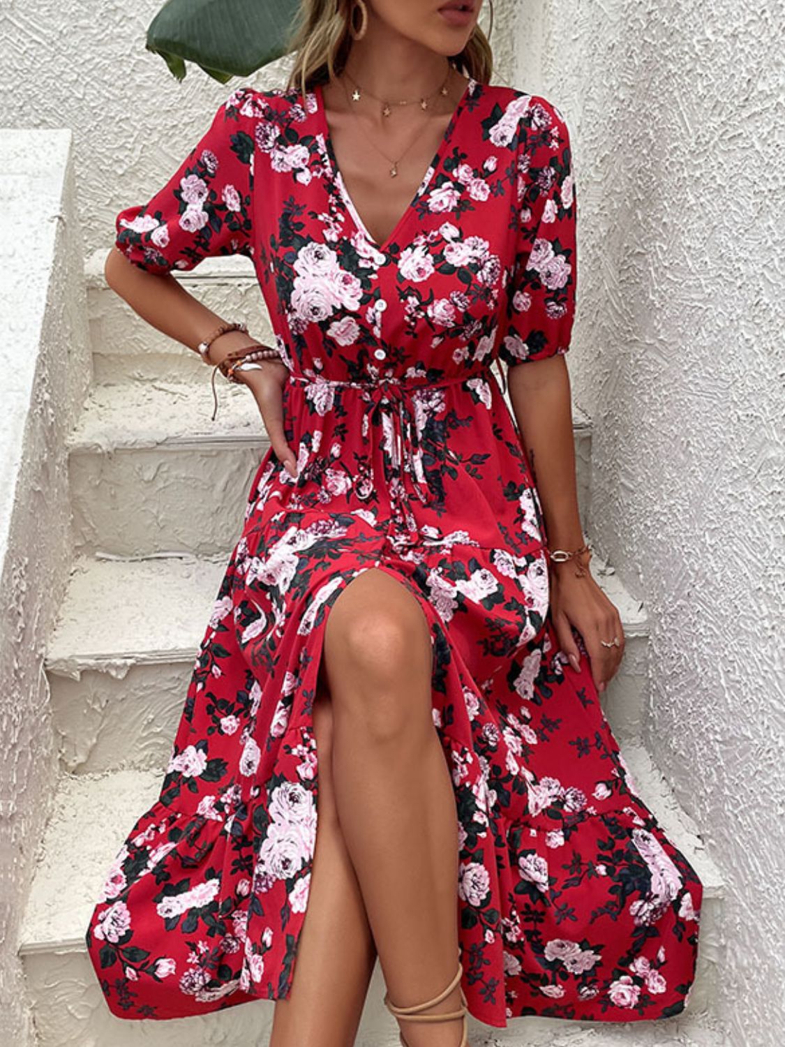 Floral Split Tie-Waist Dress  Dresses- Doll Fits